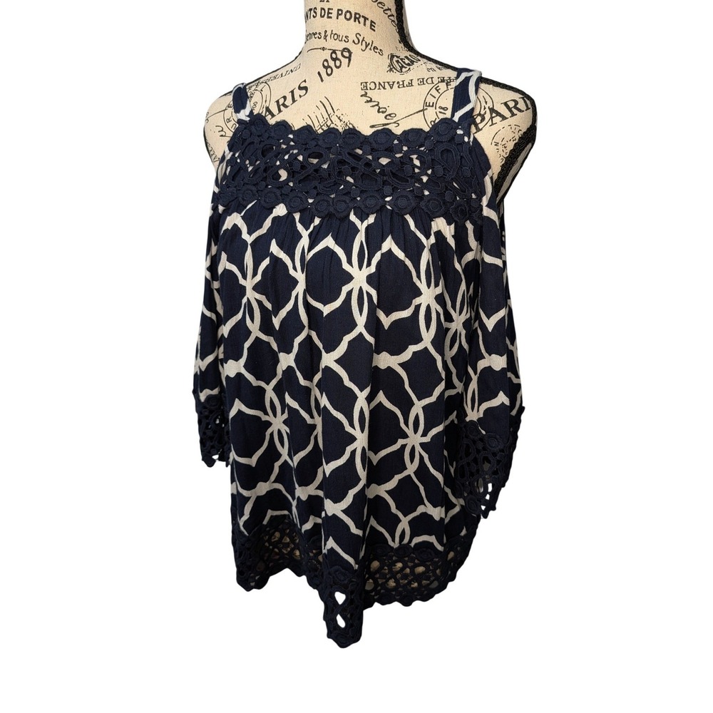 Crown & Ivy Navy White Trellis Cold Shoulder 3/4 Bell Sleeves Lace Hem XS